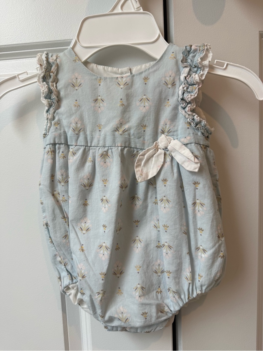 Baby Girls Light Blue Floral Bubble Romper with Bow
